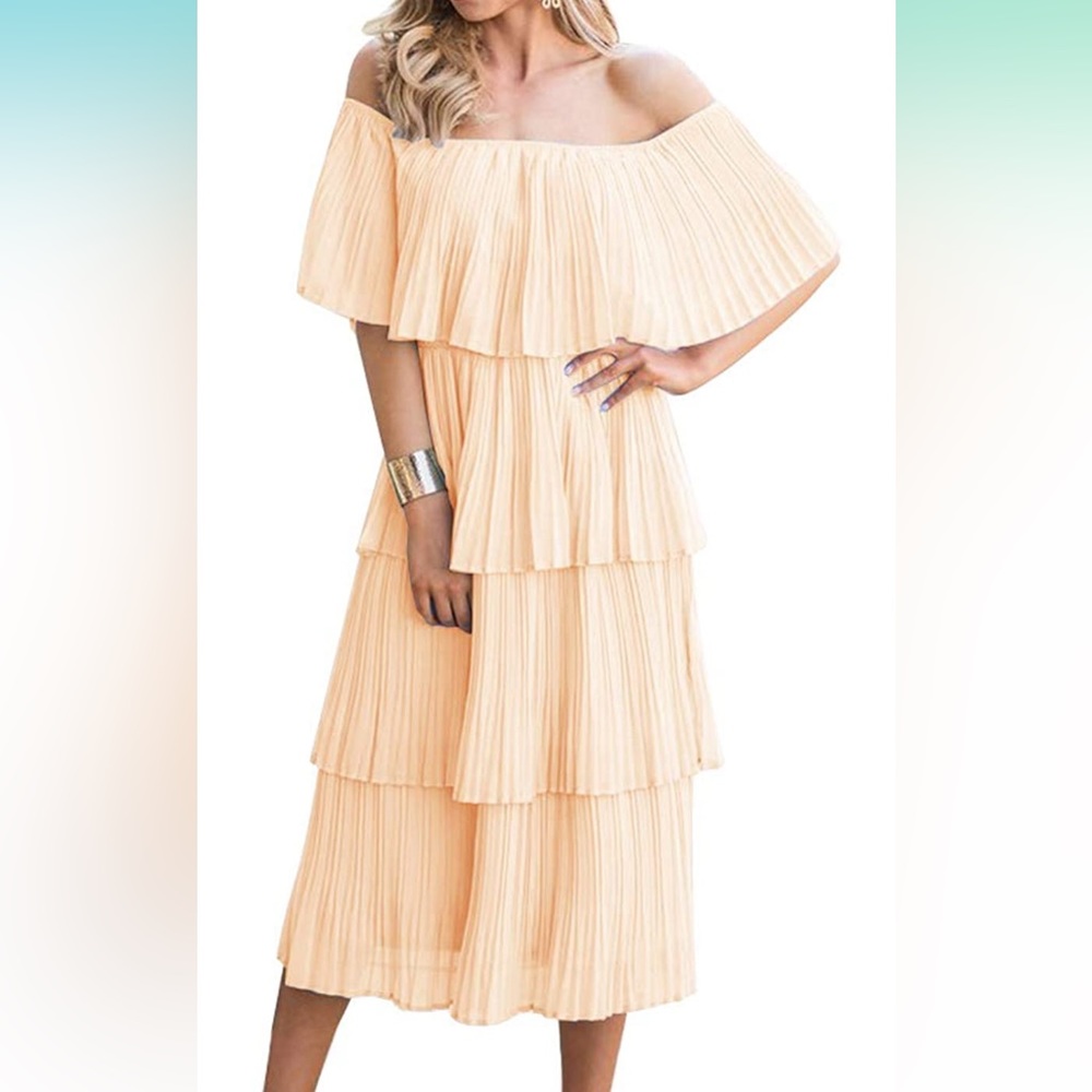 Tiered peach-pink off the shoulder ruffle dress